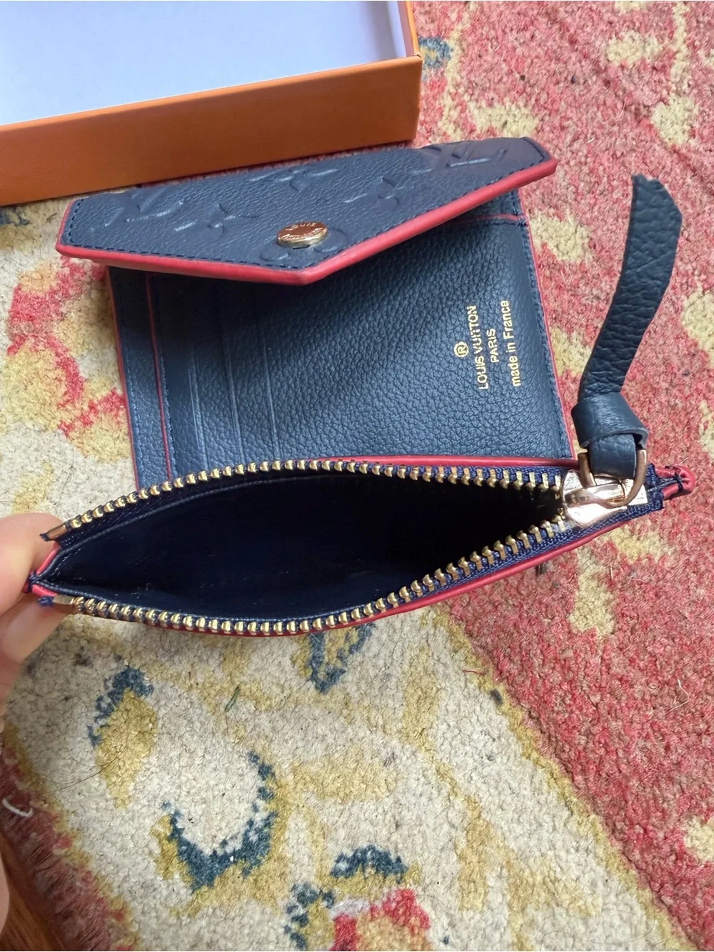 Louis Vuitton Navy Embossed Leather Envelope Wallet with Red Edge